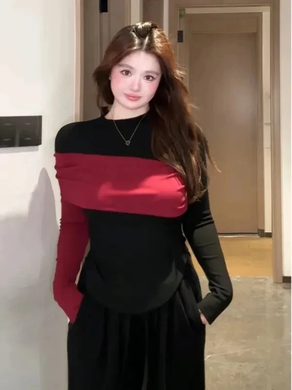 

Женская удлиненная футболка больших размеров с начесом, корейский стиль, цветной блок, модная повседневная одежда для работы