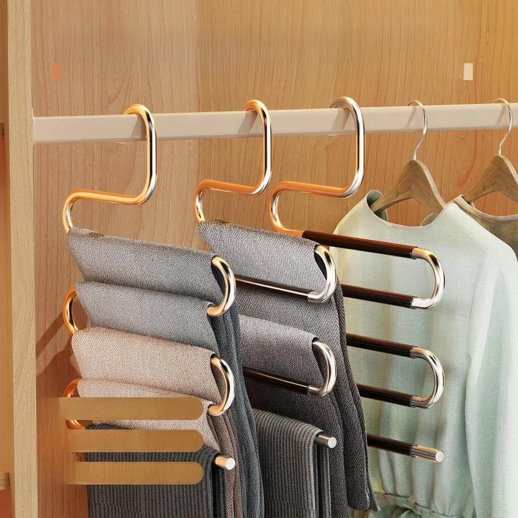 

Multifunctional Hanging Pants Rack for Wardrobe Built-In Space Storage Organizer Multi-Layer Clothes Hanger Metal Grips Luxur...
