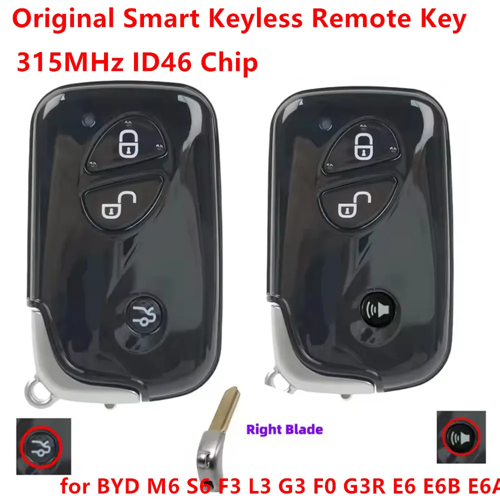 

Original for BYD M6 S6 F3 L3 G3 F0 G3R E6 E6B E6A Smart Keyless Remote Key Fob 315MHz ID46 Chip 3 Buttons