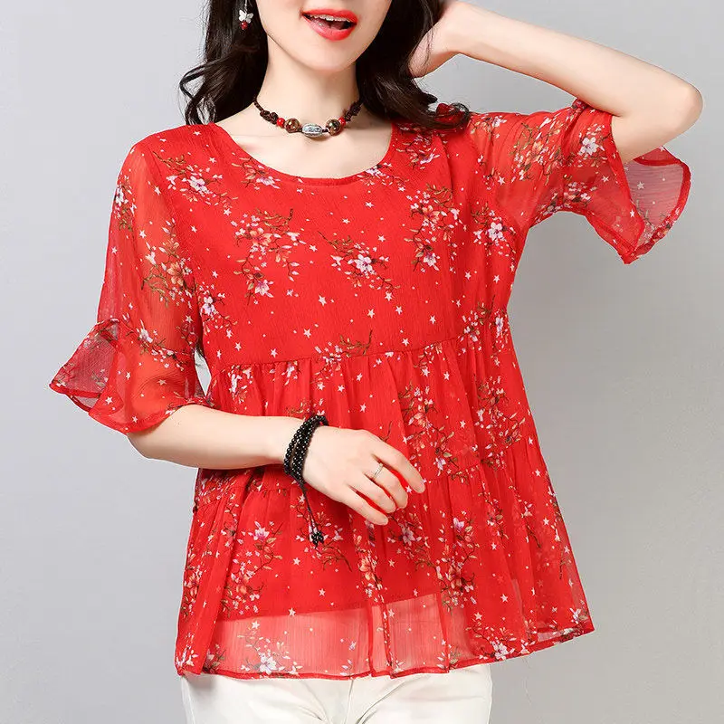 Summer Fashion Chiffon Print Loose Blouse Short Sleeve O-neck Loose All-match Plus Size Shirt Tops Vintage Casual Women Clothing