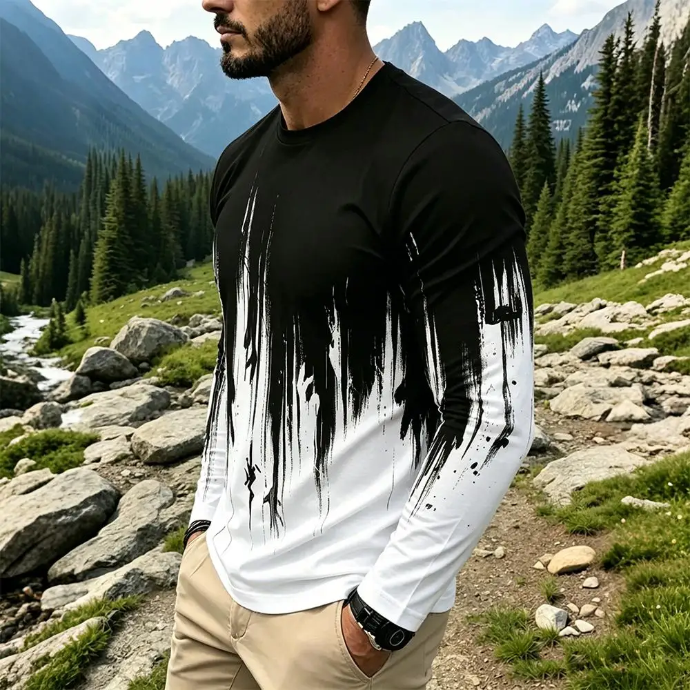 Men's Gradient Ink Splash Long Sleeve T-Shirt Casual Streetwear Crew Neck Tops New Fashion Breathable Print Base Layer Shirt
