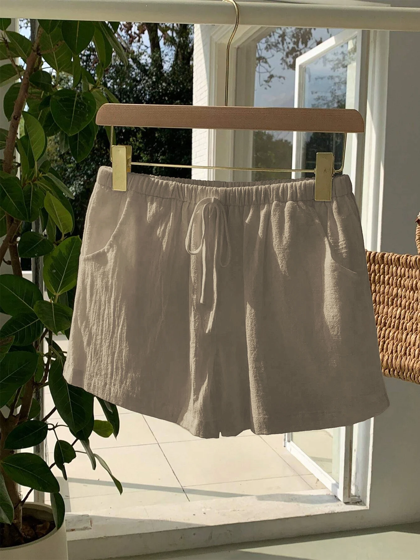 Damen Neue Frühling-Sommer Leinen Einfarbige Lässige Sport-Shorts mit Elastischem Bund und Kordelzug – Detail 18