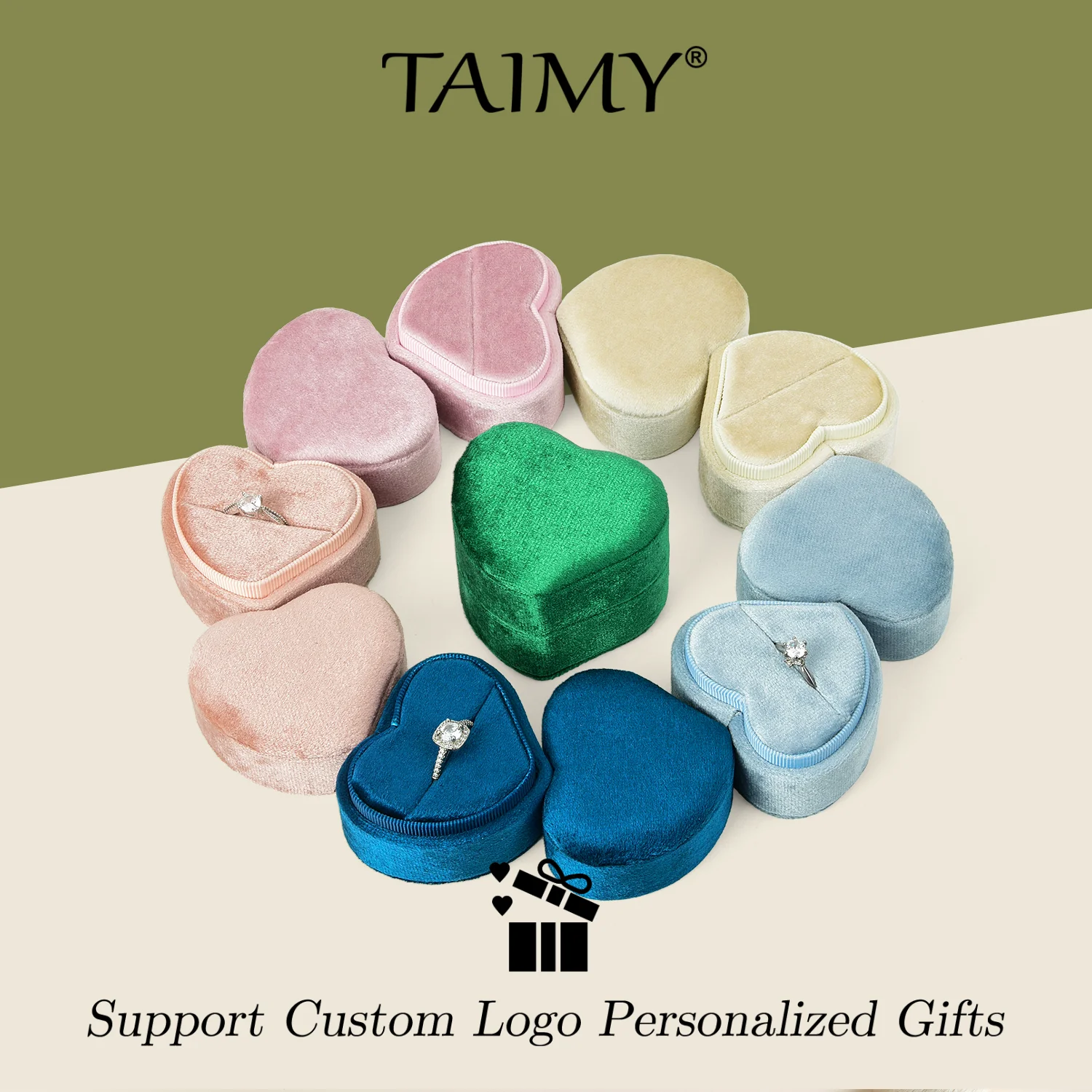 

TAIMY Velvet Heart Shaped Ring Box Handcrafted Wedding Engagement Marry Ring Box Custom Logo & Color Personalized Ring Packaging