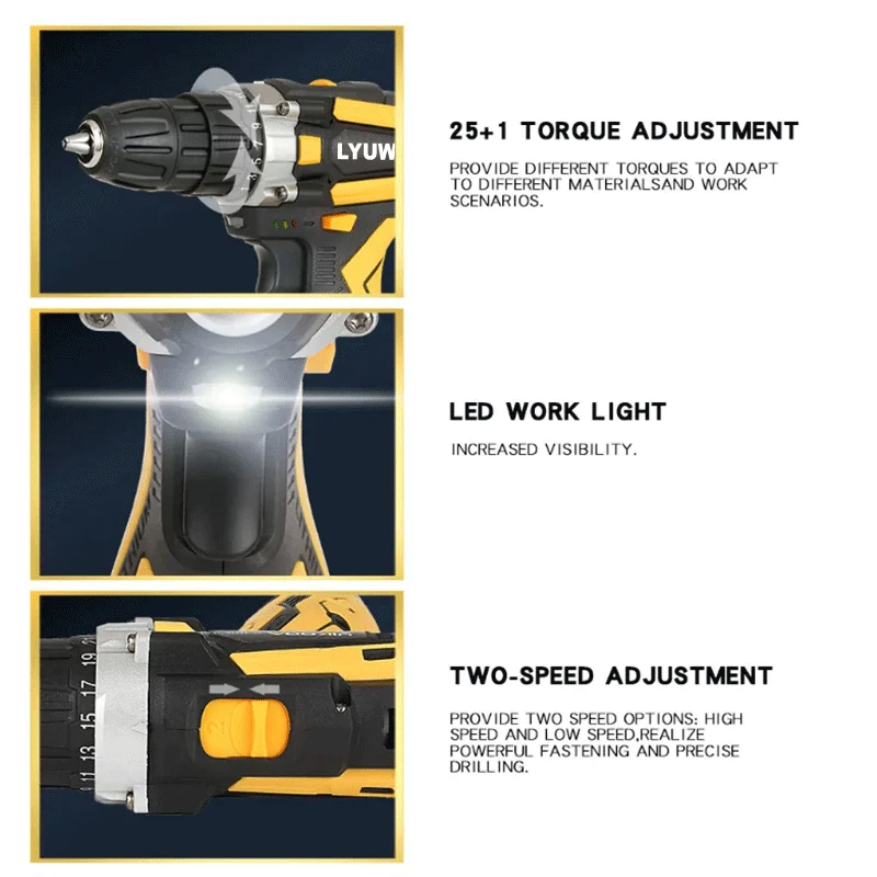 LYUWO 12/16.8/21V Cordless Drill Rechargeable Electric Screwdriver Lithium Battery Household Multi-function 2 Speed Power Tools