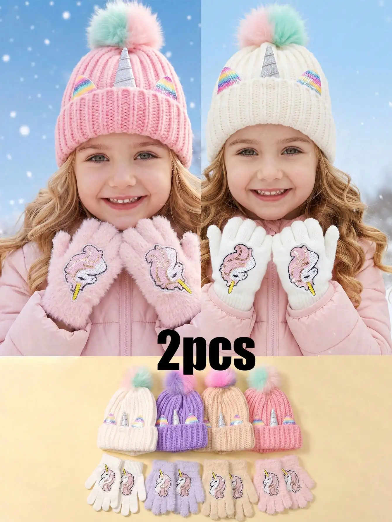 2pcs 2-8Y Kids Girls Cute Cartoon Unicorn Pom Pom Knit Hat & Gloves Set, New 2Pcs Knitted Accessory Kit