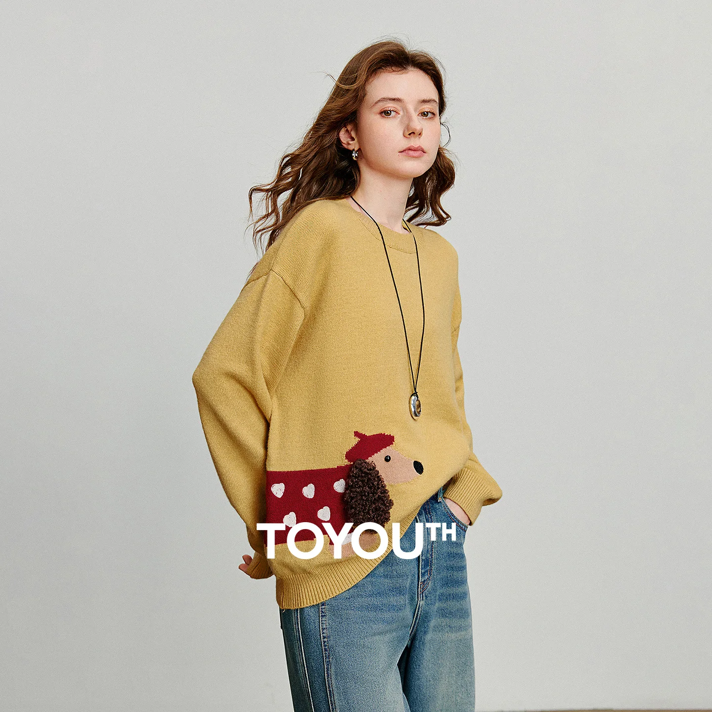 

TOYOUTH Women Knitted Sweater 2025 Autumn New Cute Dog Pattern Round Neck Long Sleeve Knitted Pullover Tops Yellow