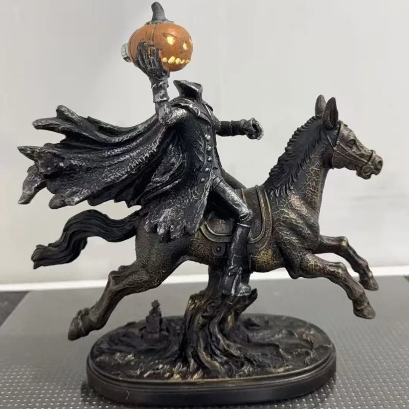 22cm Headless Horseman Resin Statue Halloween Pumpkin Knight Figure Sculpture Home Desk Room Decoration Ornament Gift view 4