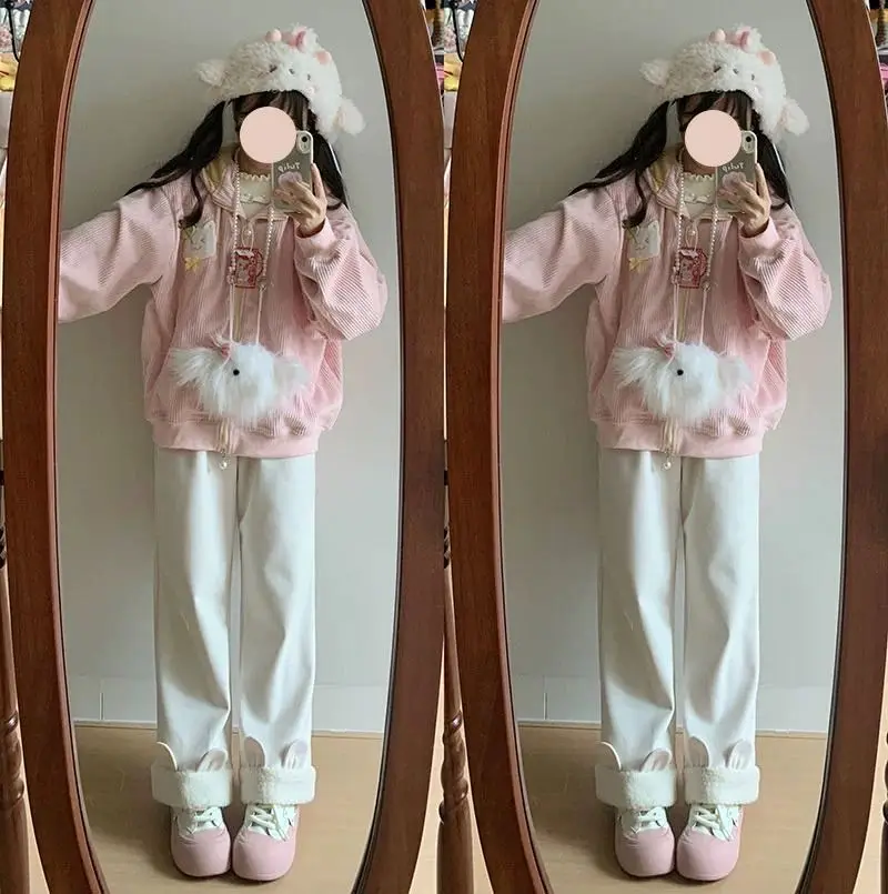 Pantaloni dolci Kawaii da donna soffici orecchie di animali decorazione pantaloni casual Y2K dolce estetica Harajuku sottocultura pantaloni autunnali
