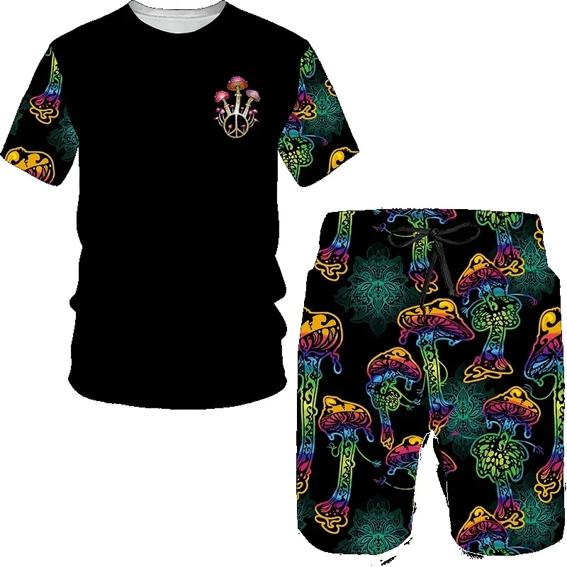 

2025 Fashion Trendy New Mushroom 3D Printing Set Sportswear Short Sleeve T-shirt Shorts Set Men's Clothing Camping