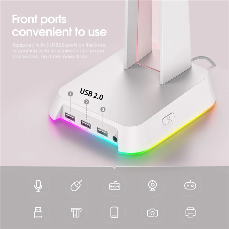 RGB Gaming Headphone Stand Computer Headset Desktop Display Holder Luminous Logo with 3 USB and 3.5mm AUX Ports(White)