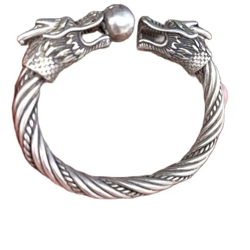 Excellent Energy Tibetan Silver Bangle Bracelets Mascot Lucky Dragon Head Symbol Gem Bless Wrist Ornament