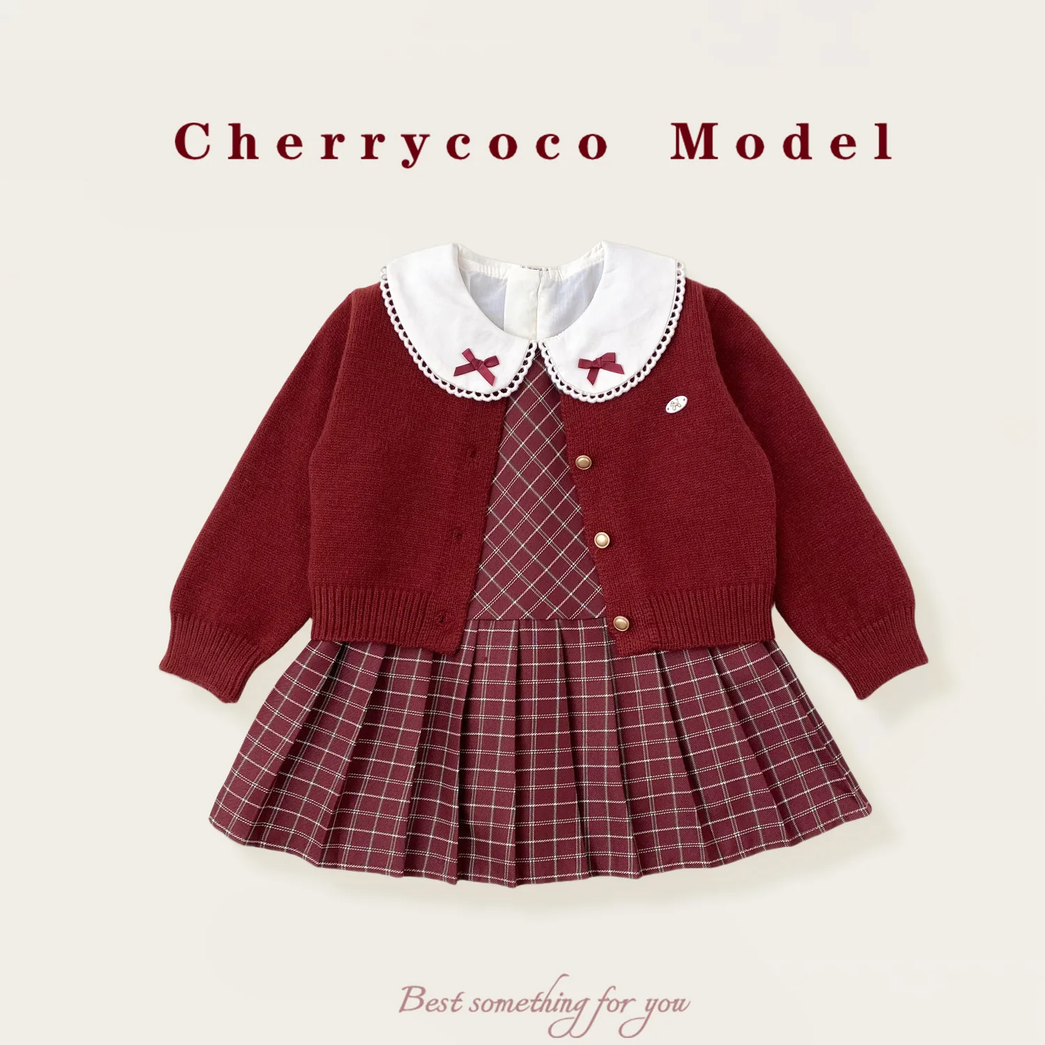 Girls Set 2026 Spring Autumn New for Baby Girls Stylish Peter Pan Collar Plaid Princess Dress Knitted Cardigan Two Piece Set