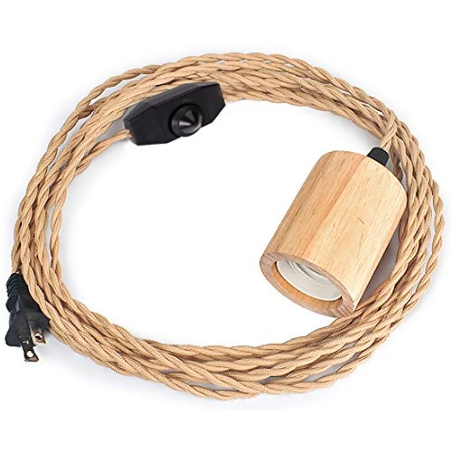 Industrial Pendant Light Cord with Dimmable Switch, Vintage Hanging Light Plug in Lamp Cord with Twisted Nylon Rope Lights Sock