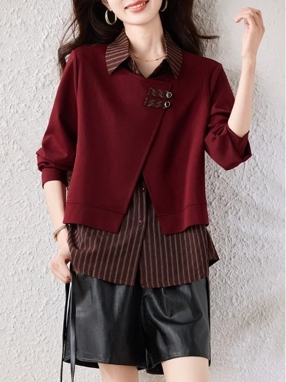 

Повседневная полосатая лоскутная женская весенняя новая блузка из двух предметов, свободная длинная све средней длины, повседневная одежда