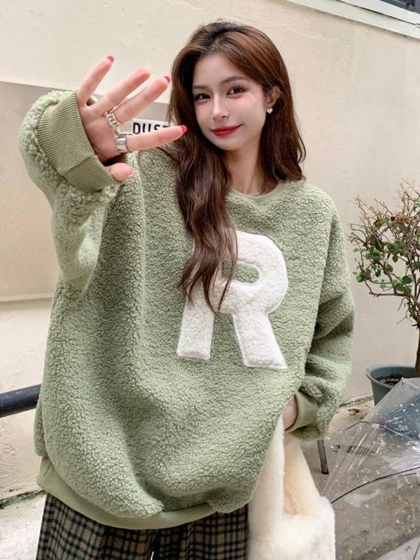 Dameshoodie Herfst Winter Vertrouwd Lamsbont Letter rond Ne Lazy Sle Losse warme top Koreaanse Sle Long Sve Katoen B...