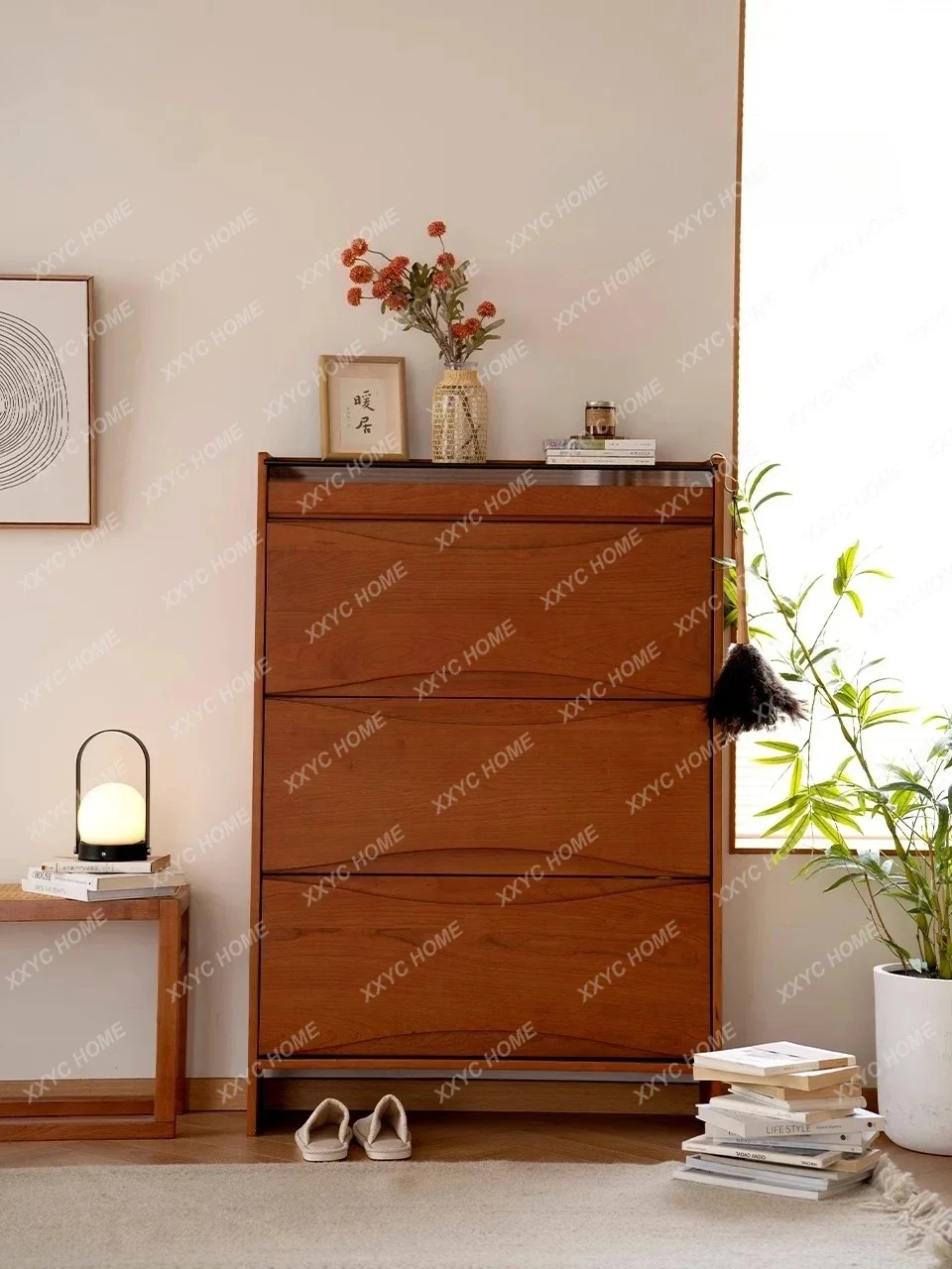 Wutong shoe cabinet, household ultra-thin and large-capacity entrance cherry wood antique tipping bucket shoe cabinet
