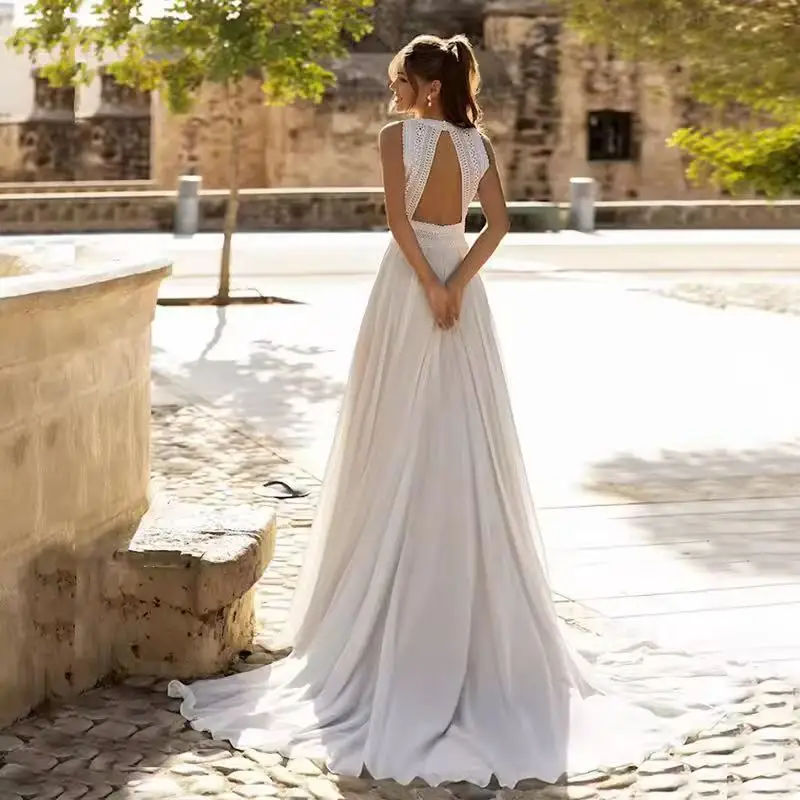 Latest Boho Wedding Dresses Lace Jewel Sleeveless Beach Bridal Gowns Chiffon Plus Size Bride Dresses 2026 Customized On Sale