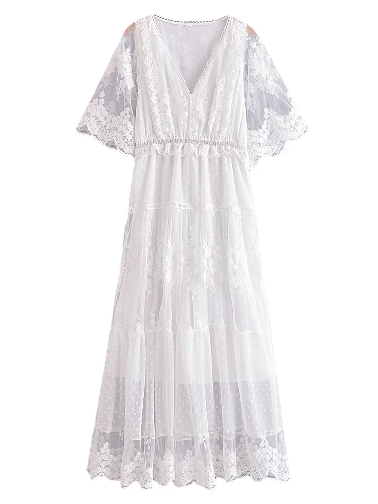 chinese dress ladies Prairie Maxi Dress Cream Cotton With Full Lace Panels – Rama Boho Fashion