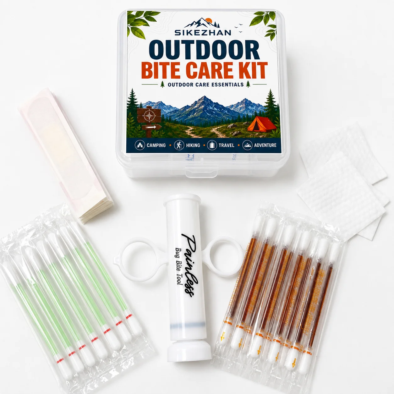 Portable Outdoor Bite Care Kit with Manual Suction Tool, Cleaning Swabs, Wipes and Bandages for Camping Hiking Travel Adventures
