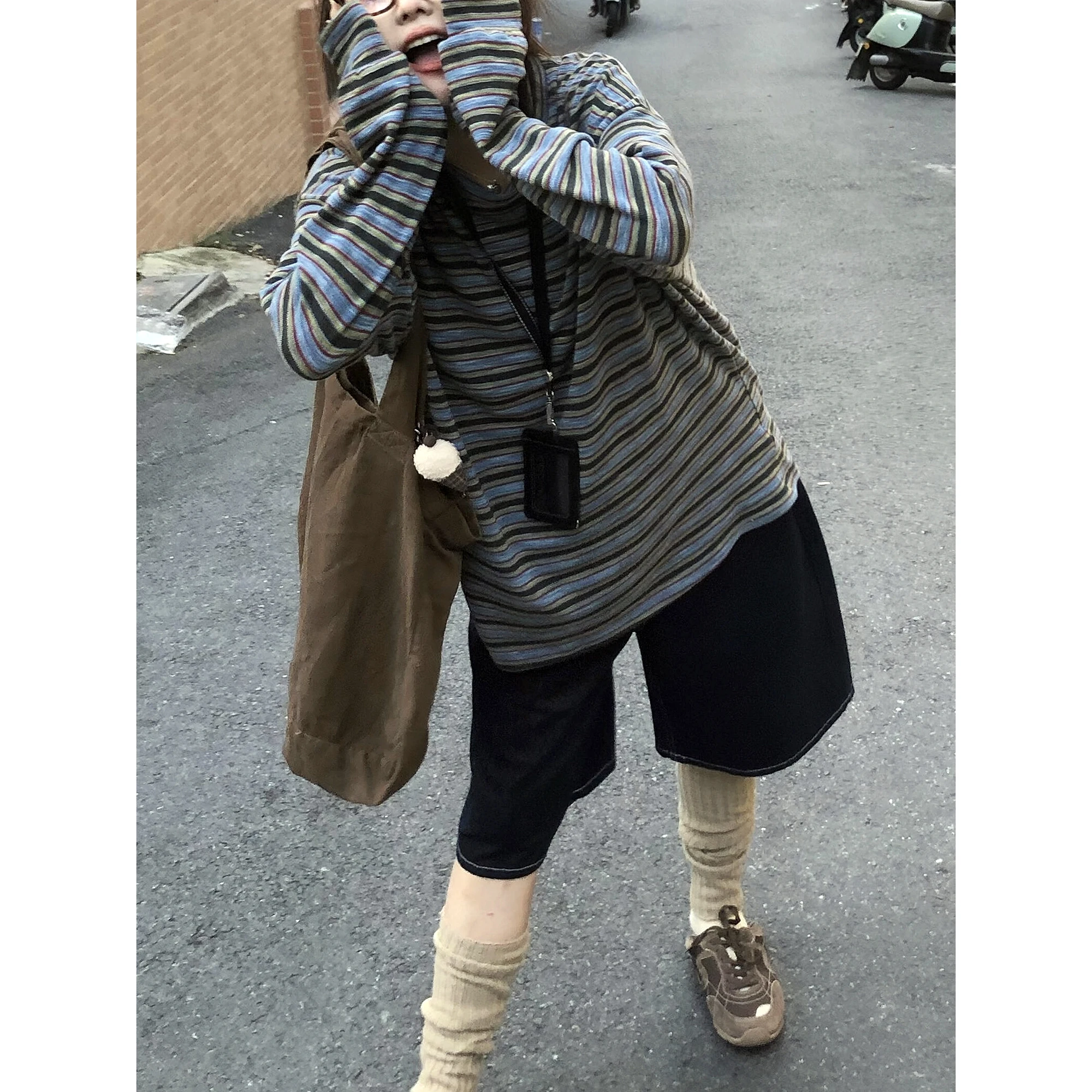 Sakura Vintage Striped Long Sleeve round Neck T-Shirt Women's Loose Comfortable Casual Sweatshirt Spring Autumn Fashion