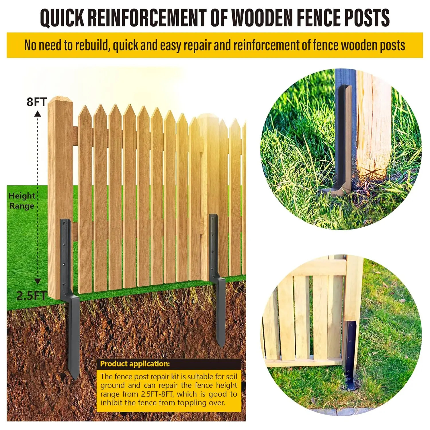 Heavy Duty Steel Fence Post Repair Stakes, Fence Post Anchor Ground Spike, For Repair Tilted/Broken Wood Fence Post (8