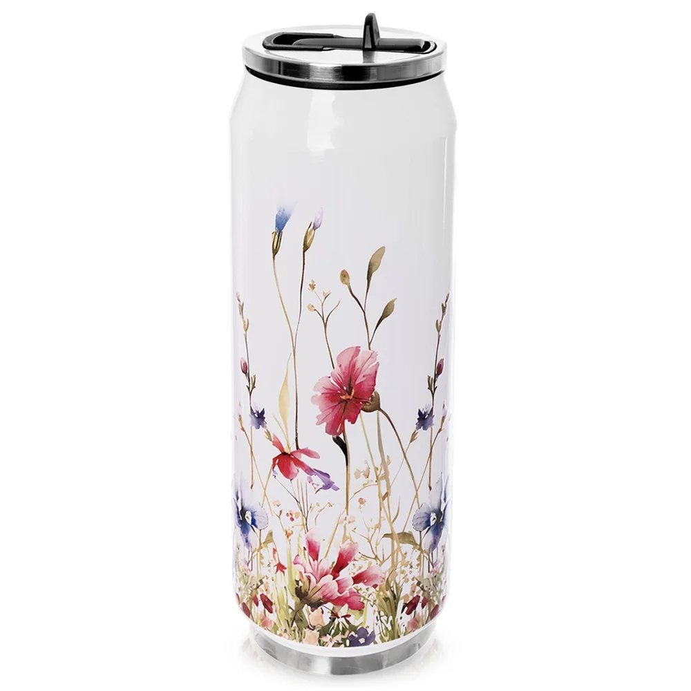 Blikvormige thermosbeker met bloemenmotief, 500 ml, geïsoleerde reisbeker voor koffie, thee, water en andere drankjes. Praktische blikvormige thermosbeker met bloemenmotief, ideaal voor thuis, op