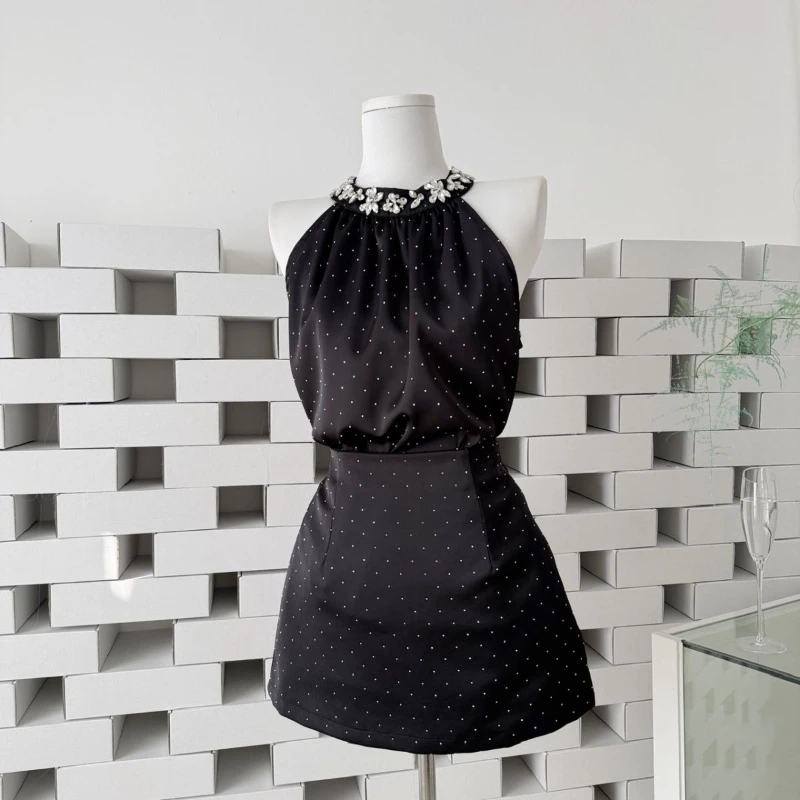 

Summer new temperament two-piece set women's diamond studded hanging neck off shoulder top half body short skirt elegant set