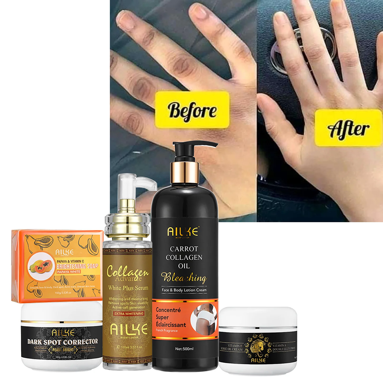 AILKE Collagen Skin Care Kit, Reduce Spots, Whitening, Even Skin Tone, For Dark Skin, Black Skin, African Skin, Caramel Skin