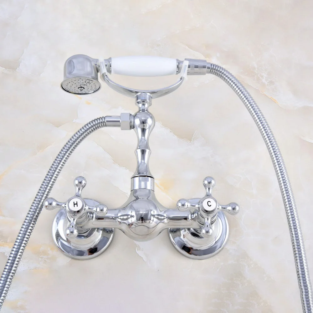 

Polished Chrome Brass Double Handle/Hole Wall Mounted Bathtub Faucet with Handheld Shower Set +1.5M Hose Mixer Tap 2tf829