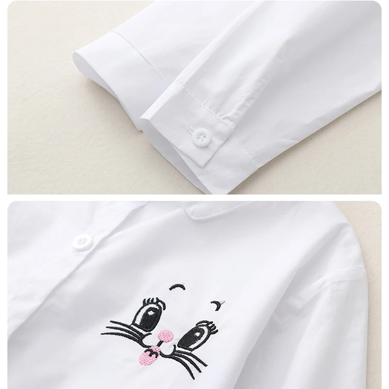 Spring Girls Students Shirts for Children School Uniforms Long Sleeve Teen Girls White Blouses Autumn Cat Embroidery Kids Tops