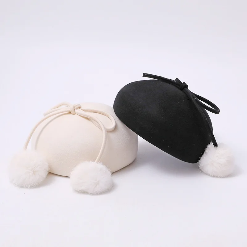 Women Autumn Winter Bow 100% Wool Beret Cap Lady Style Australian Lolita Pom‑pom Formal Hat Sweet Girls Wool Felt Painter Hat