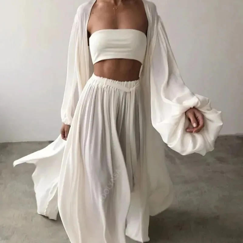 

Sexy Solid Color Three-Piece Set 2025 Autumn Women Tube Top Beach Dress Crop Top Trousers Long Sleeve Cardigan