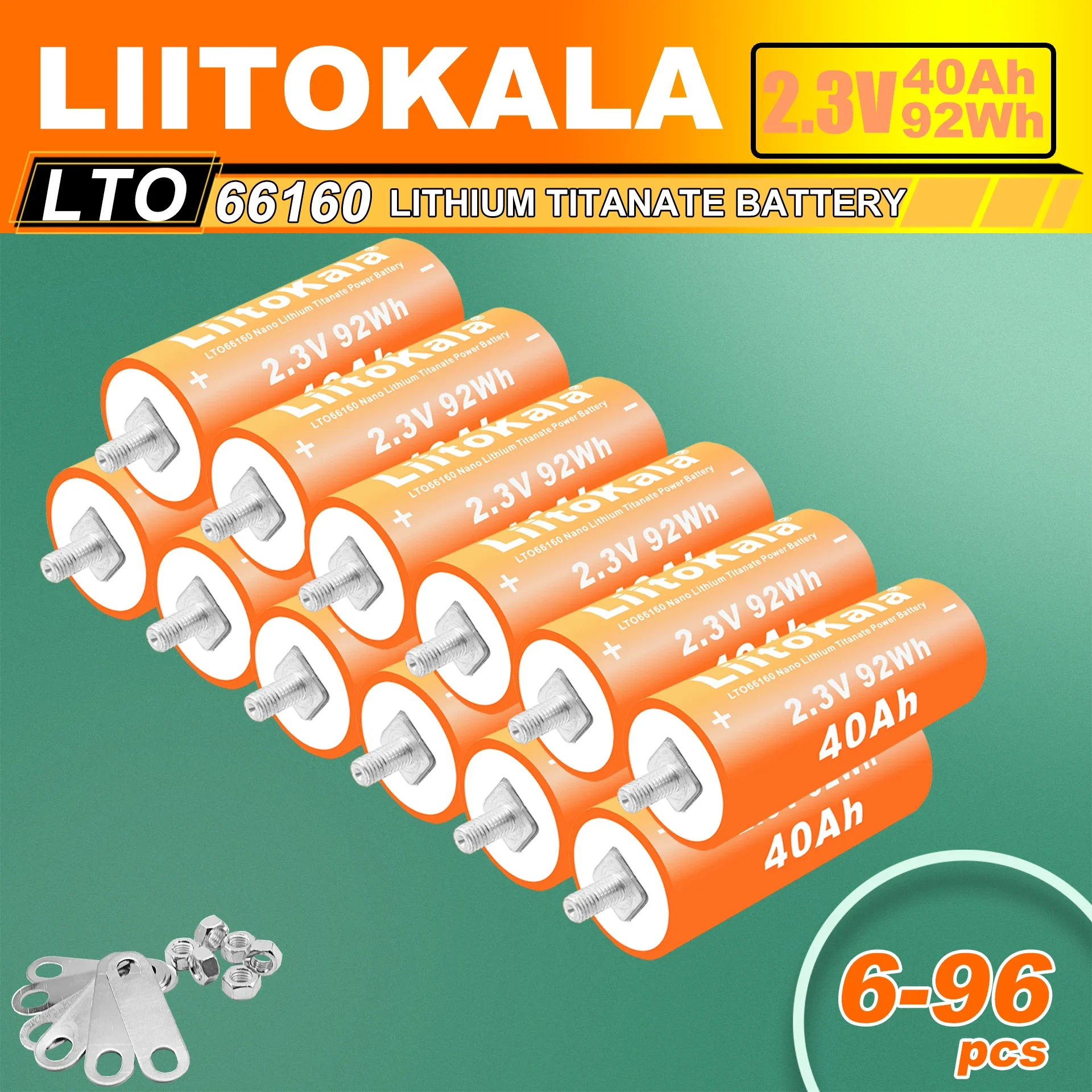 

6-96pcs LiitoKala 66160 Battery 2.3V 40Ah LTO Low-temperature Lithium Titanate for High Power Automotive Audio Solar Syste