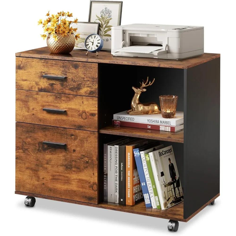 

3 Drawer Mobile File Cabinet, Wood Lateral Filing Cabinet, Printer Stand with Open Shelves for Home Office, Rustic Brown