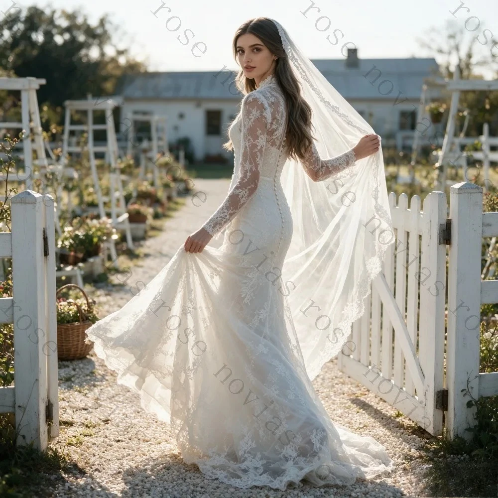 Customized Modest Saudi Bridal Gown 2026 Small V Neck Full Lace Long Sleeves Pearls Buttons Sweep Train Mermaid Wedding Dress