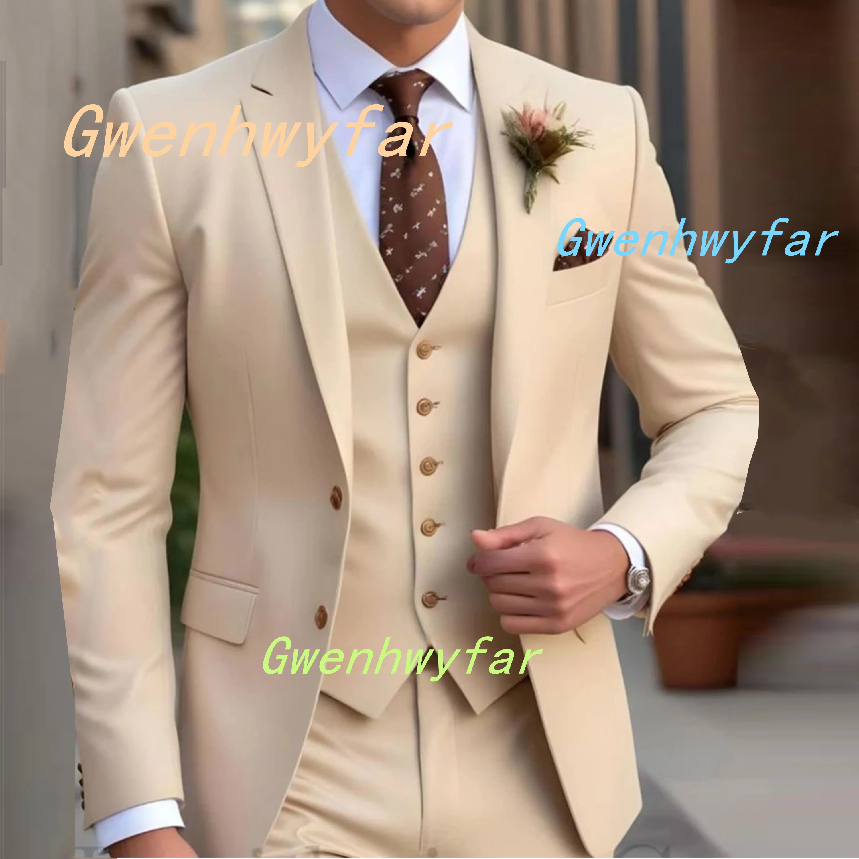 

Gwenhwyfar Beige Men's Suits 3pcs Mens Business Suit Peak Lapel Blazer Formal Wedding Groom Tuxedos (Blazer+vest+Pants)