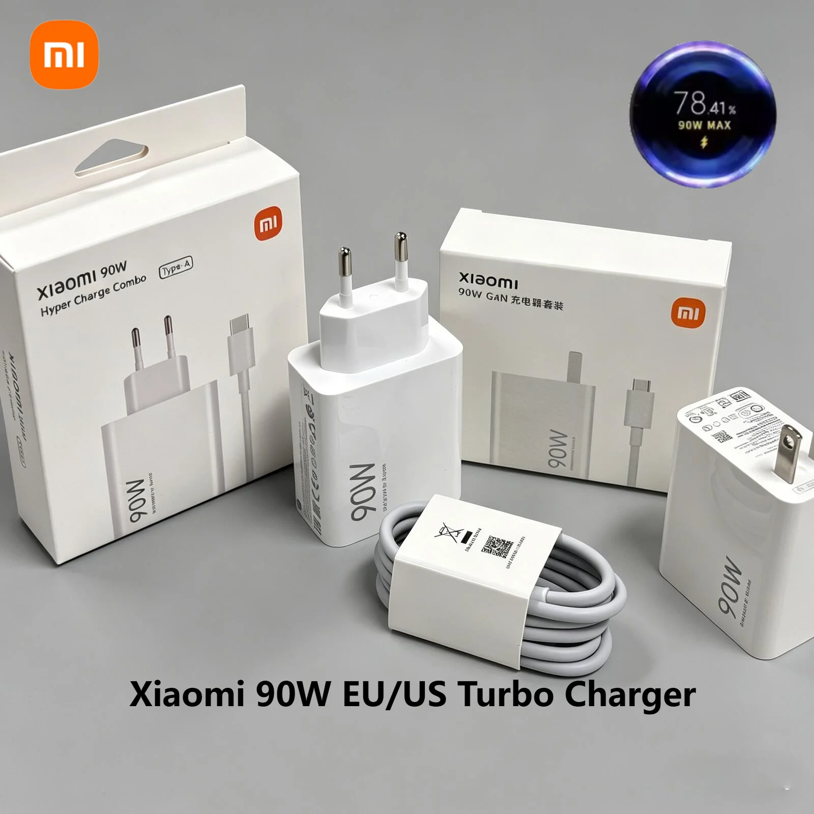 Carregador Turbo Original Xiaomi Mi 90W com Cabo USB-A 6A Tipo-C de 1M para Mi 17 15 14 13T 12 Redmi Note POCO F3 Blackshark