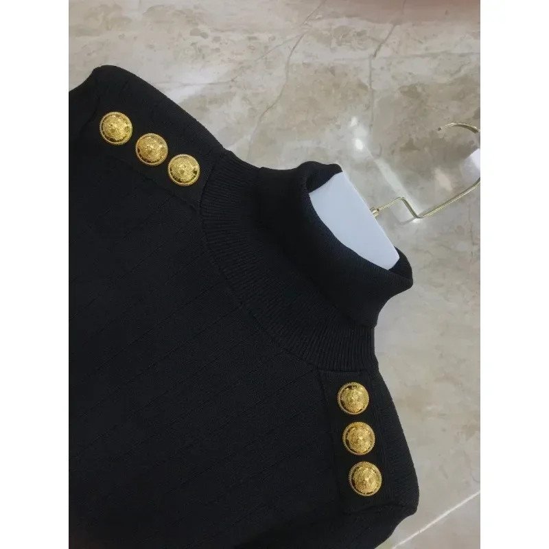 2023 New Autumn Turtleneck Slim Fit Black Blue White Office Lady Golden Button Long Sleeve Sweaters