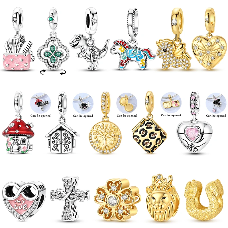 Original Charms Beads 925 Sterling Silver Golden Pendant Openable Tree House Unicorn Horse Fit Bracelet Diy Woman Jewelry