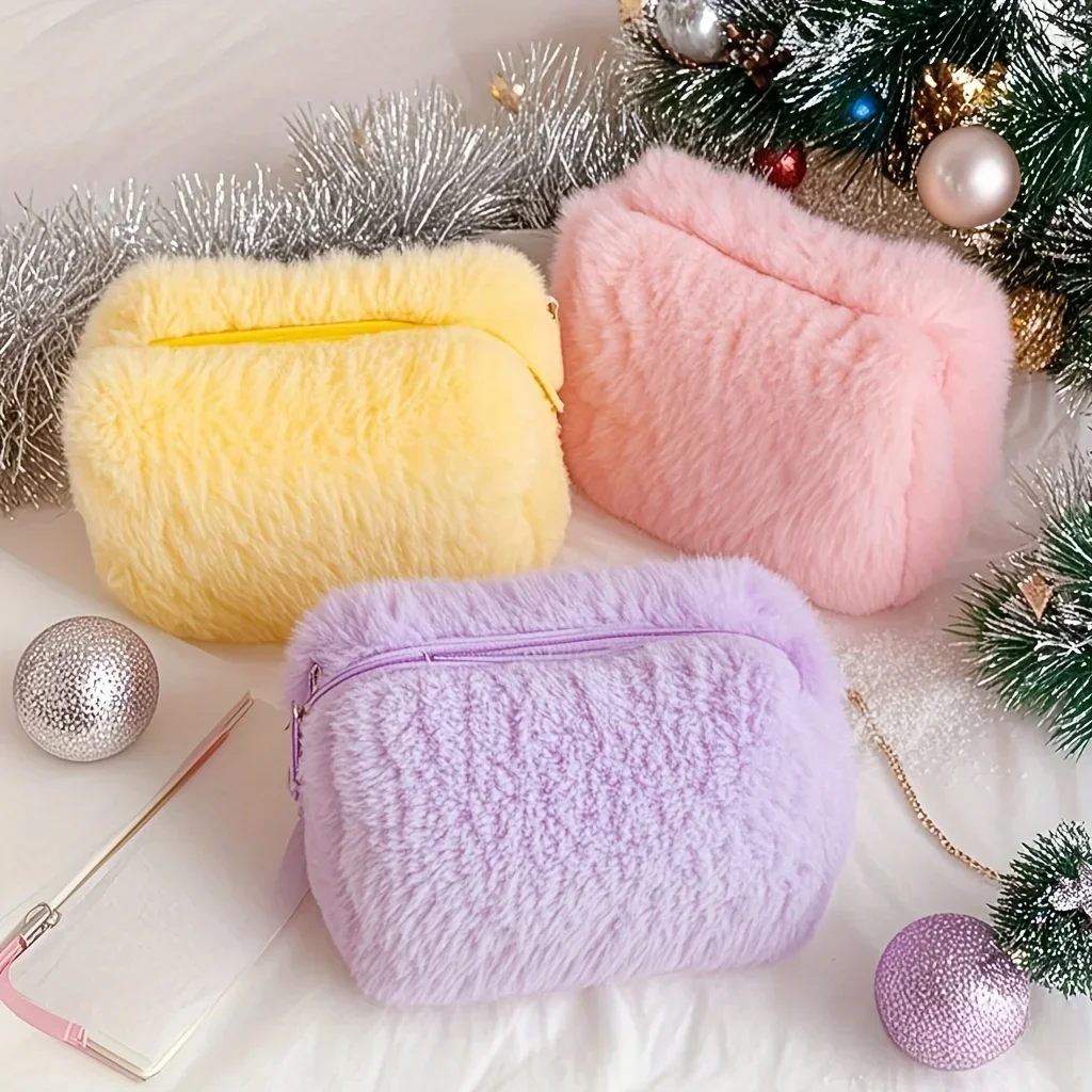 Winter Plush Cosmetics Storage Bag Travel Portable Fur Makeup Bags Stationery Pencil Case Toiletry Bag Organizer Solid Handbags