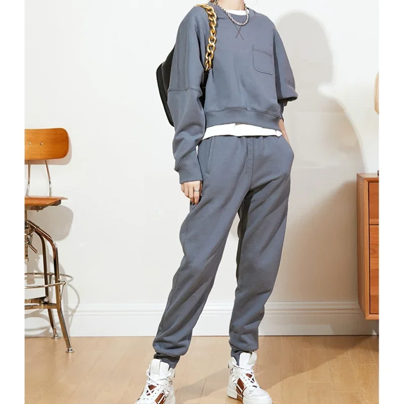 

Early Autumn New Simple Air-fixed Weaving Combed Cotton Seiko High-end Sweatshirts and Trousers Suit for Women