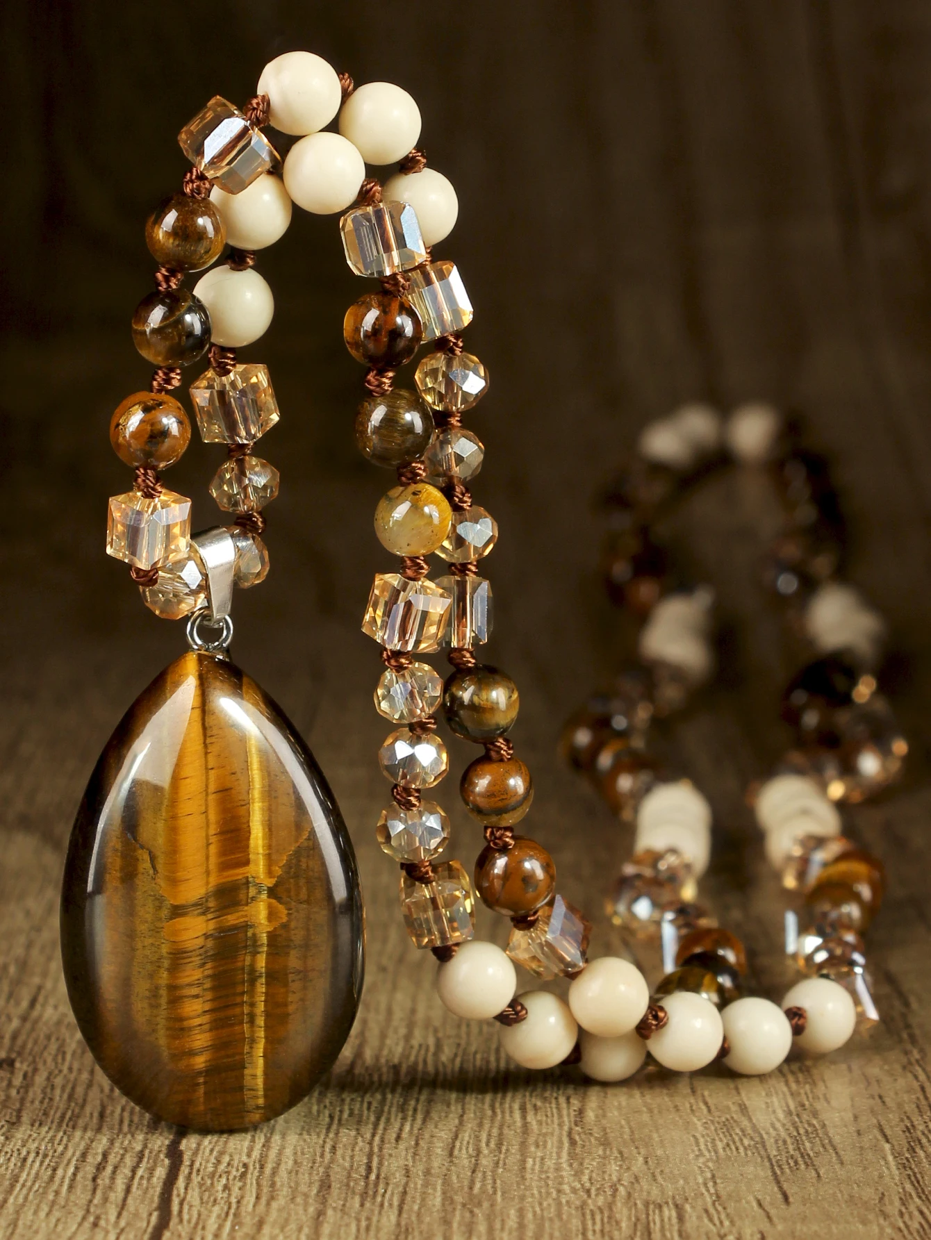 Yumfeel Vintage Tiger Eye Water Drop Pendant Necklace, Bohemian Fashion Women's Necklace, Long Sweater Chain, Knot Chain