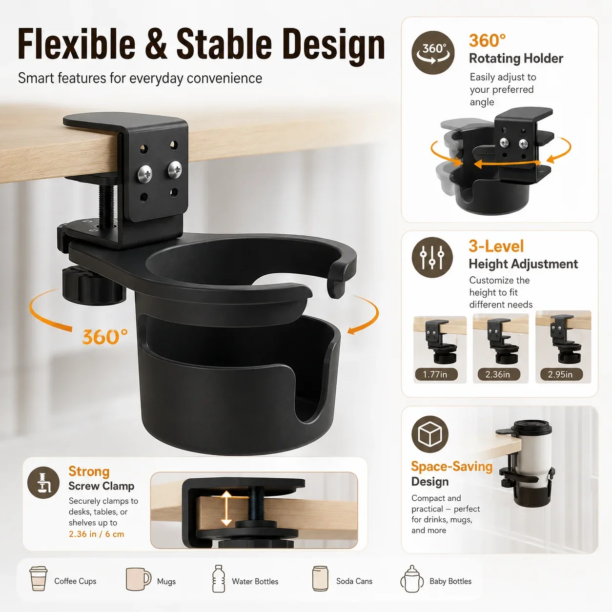 Anti-Spill Rotating Desk Cup Holder, Adjustable Clamp-On Beverage Stand for Office and Home, Space-Saving Edge Mount