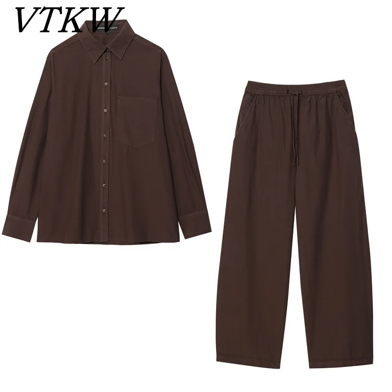 

VTKW Women’s 2025 Spring Summer Minimalist Casual Button Down Shirt High Waist Wide Leg Pants Two Piece Designer Street Style