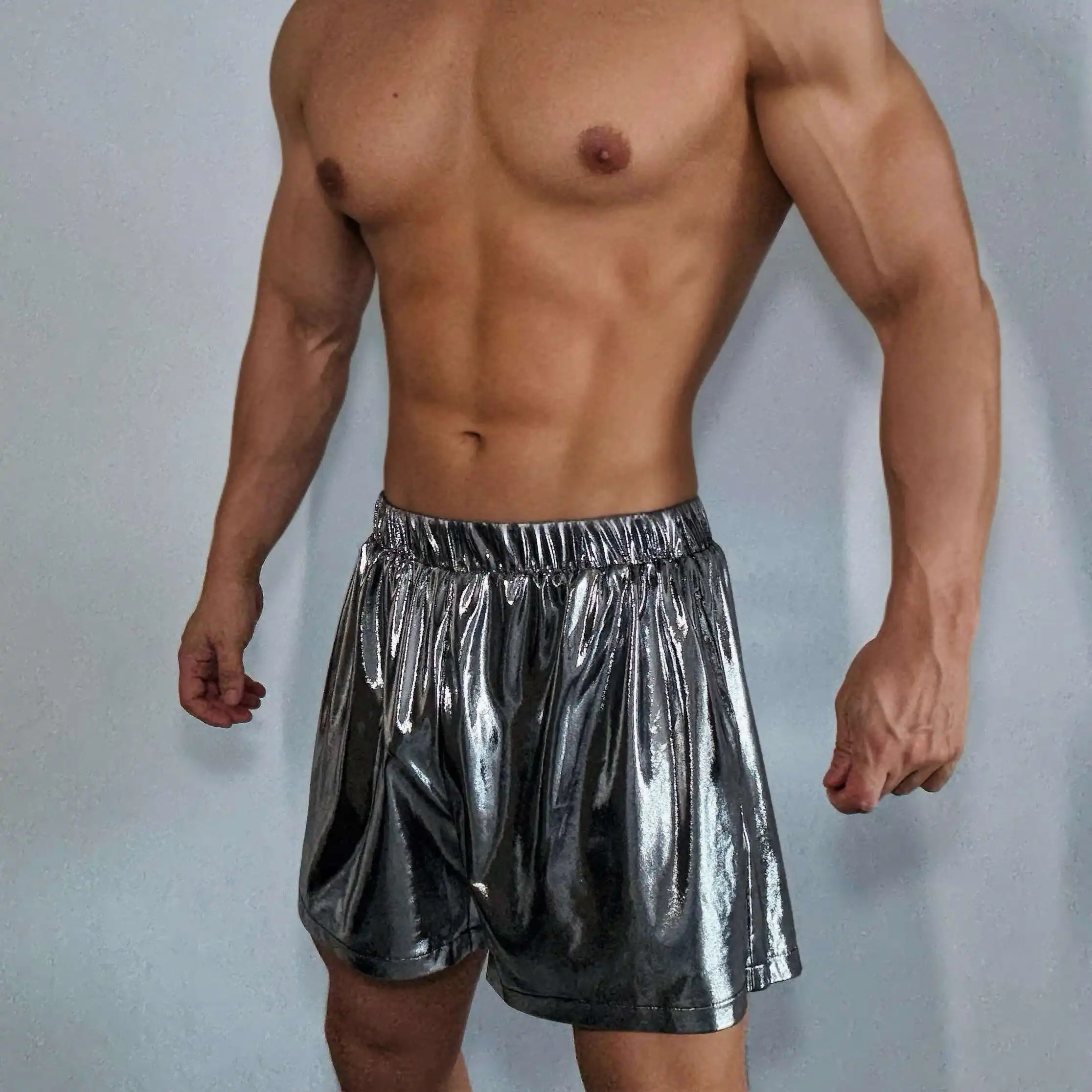 Y2K Summer glossy silver loose shorts Vintage men casual party club dance bottoms