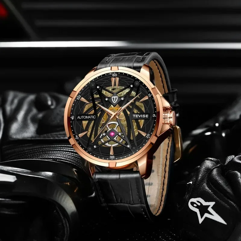 Men Business Hollow Tourbillon Automatic Mechanical Watch Man Leather Leisure Waterproof Sports Watch