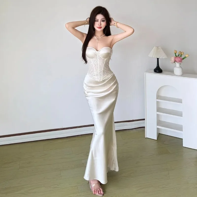 

French Luxury Elegant Women Strapless Dress Sequin Corset Satin Bodycon Mermaid Gown Wedding Banquet Prom XS-XL