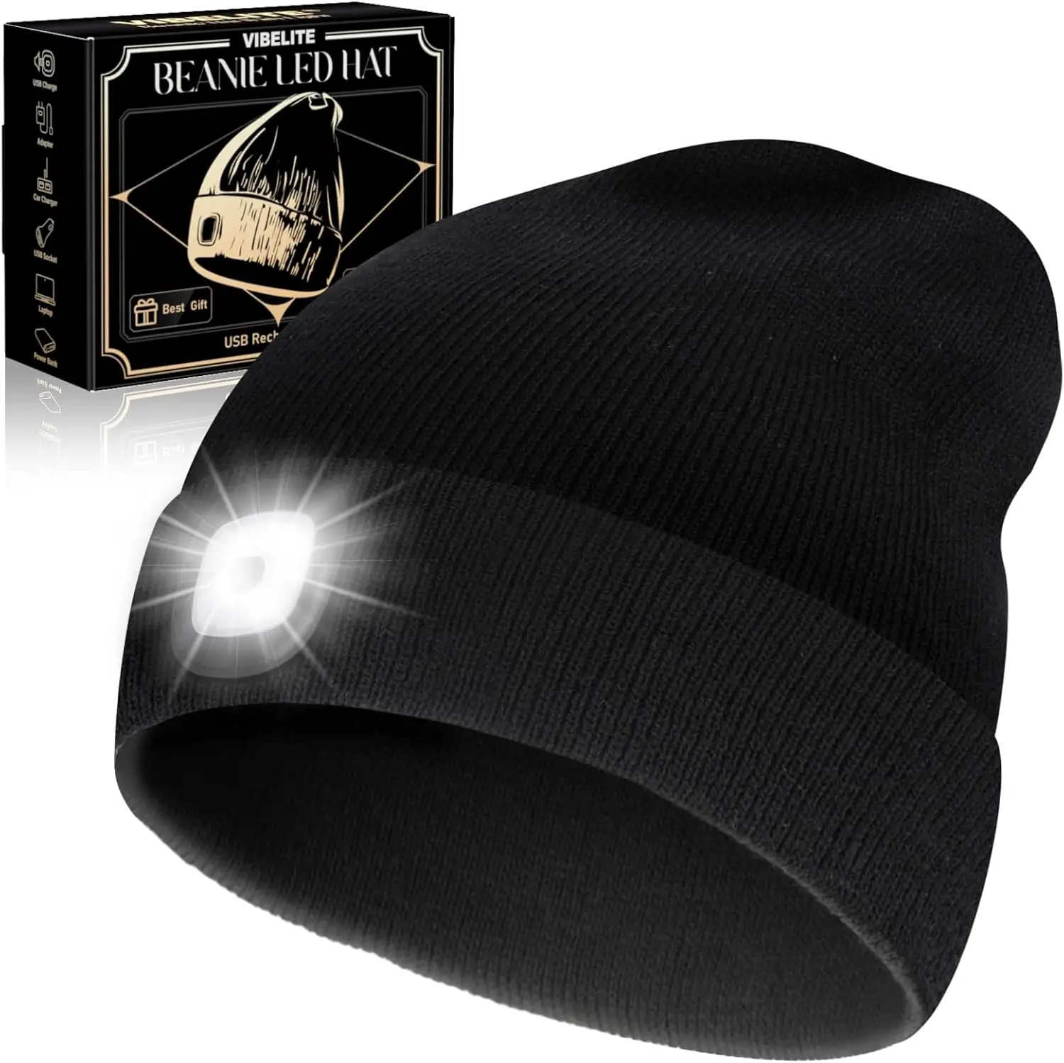

USB перезаряжаемая светодиодная шапка-бини, черная, рождественский подарок для мужчин и подростков