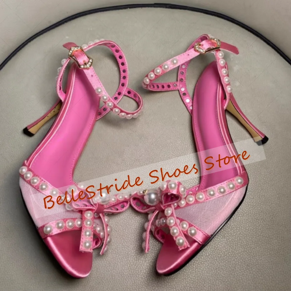 الوردي اللؤلؤ القوس عقدة ديكور الصنادل مشبك حزام أحذية النساء الخناجر عالية الكعب مأدبة الحفلات يؤرخ 2025 Zapatos Para Mujere