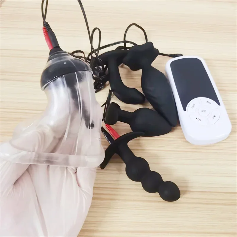 6 Modes Electric Shock Soft Cock Cage Glans Trainer Penis Massage Silicone Anal Beads Butt Plug Sex Toys for Men Masturbation